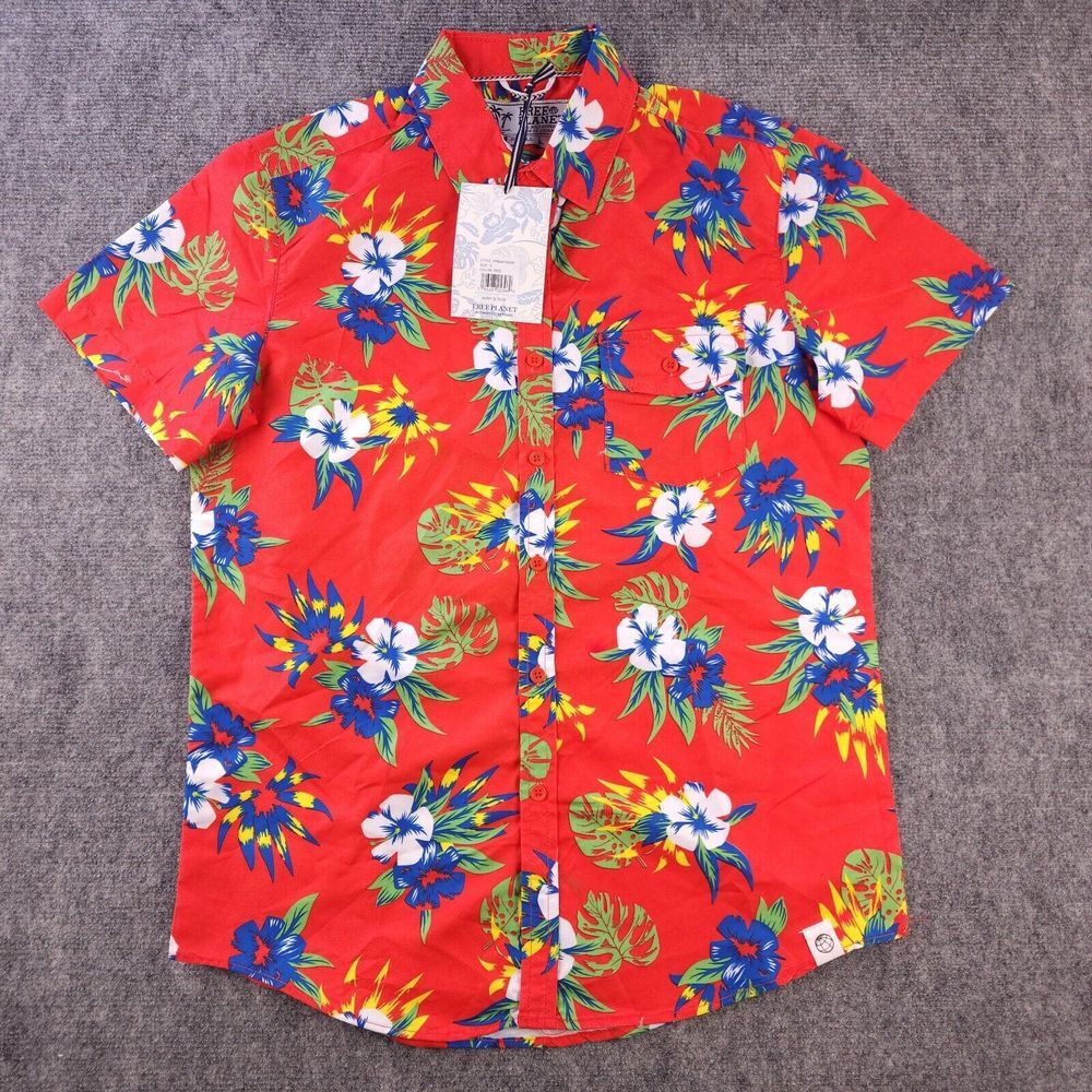 Free Planet Shirt Small New‎ Red Floral Short Sleeve Button Up Beach